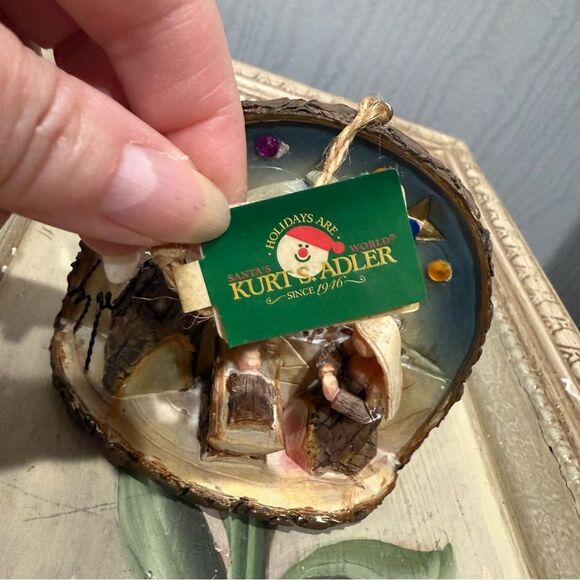 Vintage Kurt Adler Nativity Scene Ornament Faux Wood Bark 3D Tag Attached - Picture 11 of 13